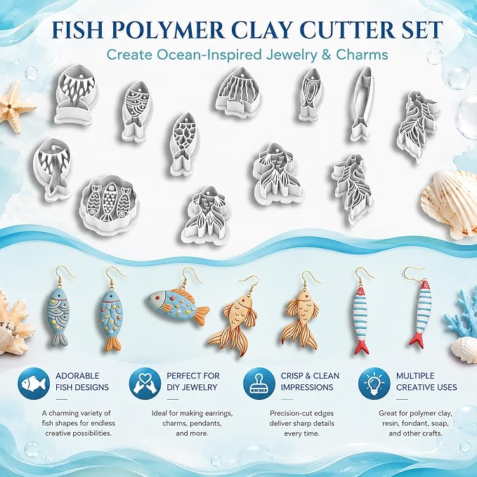 11 Pcs Ocean & Fish Polymer Clay Cutters Set