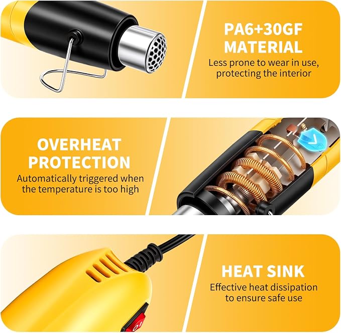 Heat Gun 500W, Handed Hot Air Gun with Nozzle for Crafting and DIY (Yellow)