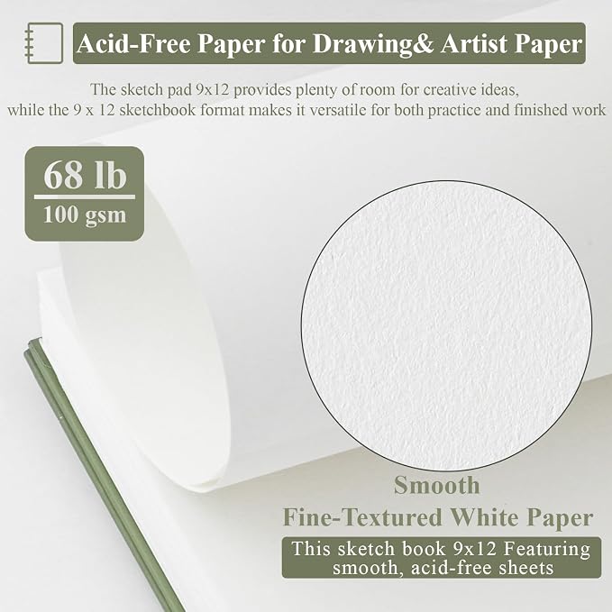 9 x 12 Sketchbook, 68lb/100gsm Sketch Pad 100 Sheets Spiral Bound Acid Free Drawing Paper with Hard Cover Art Paper for Drawing and Painting for Graphite Pencil, Charcoal, Pastels, for Kids & Adults