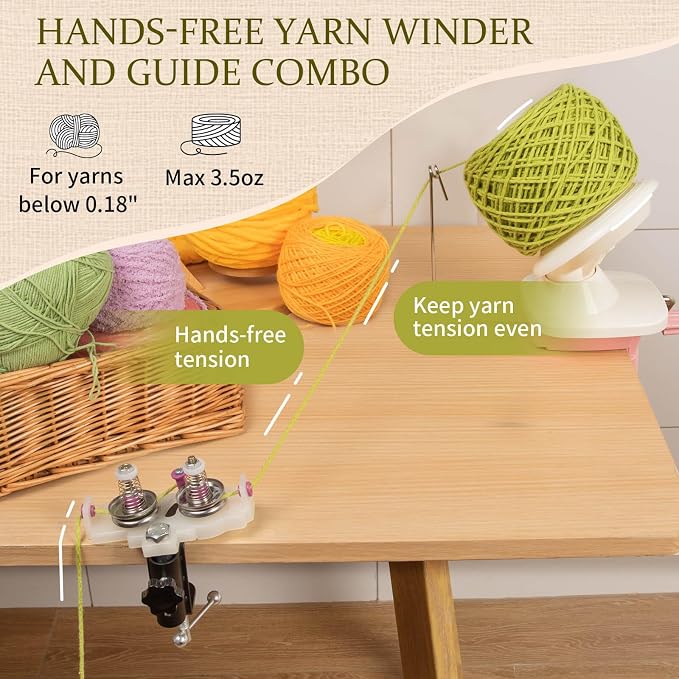 SPEENSUN 3.5 OZ Yarn Winder with Thread Guide, Crochet Ball Maker Set | Easy Install Knitting Spinner, Twist Tension Tool for Cords Below 0.18 Inch, Non-Slip Clamp, Keeps Skeins Tidy