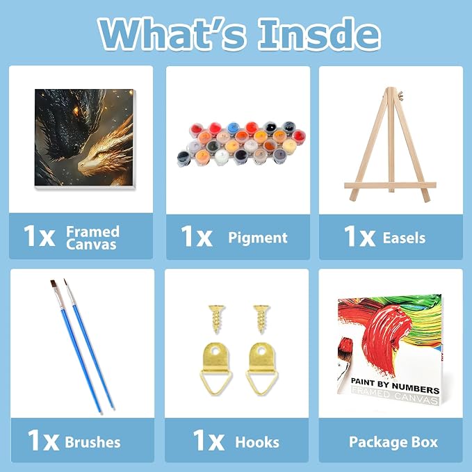 Dragon Paint by Numbers with Frame, Paint by Numbers Kit for Adults 10x10 | Framed Paint by Numbers Kit for Adults Beginner with Easel, Acrylic Painting by Numbers, DIY Crafts for Gifts or Home Decor