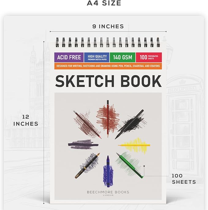Beechmore Books 9x12 Top Spiral Sketchbook 140 GSM 100 Perforated Pages | Acid-Free White Paper, Artist Sketch Pad & Drawing Notebook, Art Supplies for Adults, Artists, Students & Teens