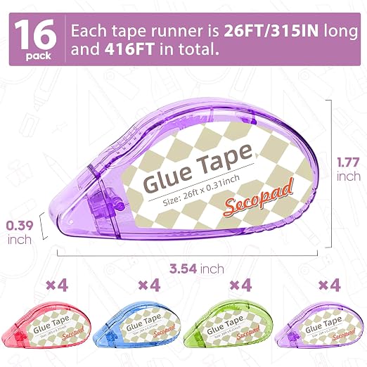 Secopad Scrapbook Tape, Glue Tape for Crafts, 16 Pack, Clear Colored Shell | 0.3IN x 26FT, Sticky & Safe, Double Sided Tape for Crafts, Scrapbooking Junk Journaling Supplies, For School Office Teachers