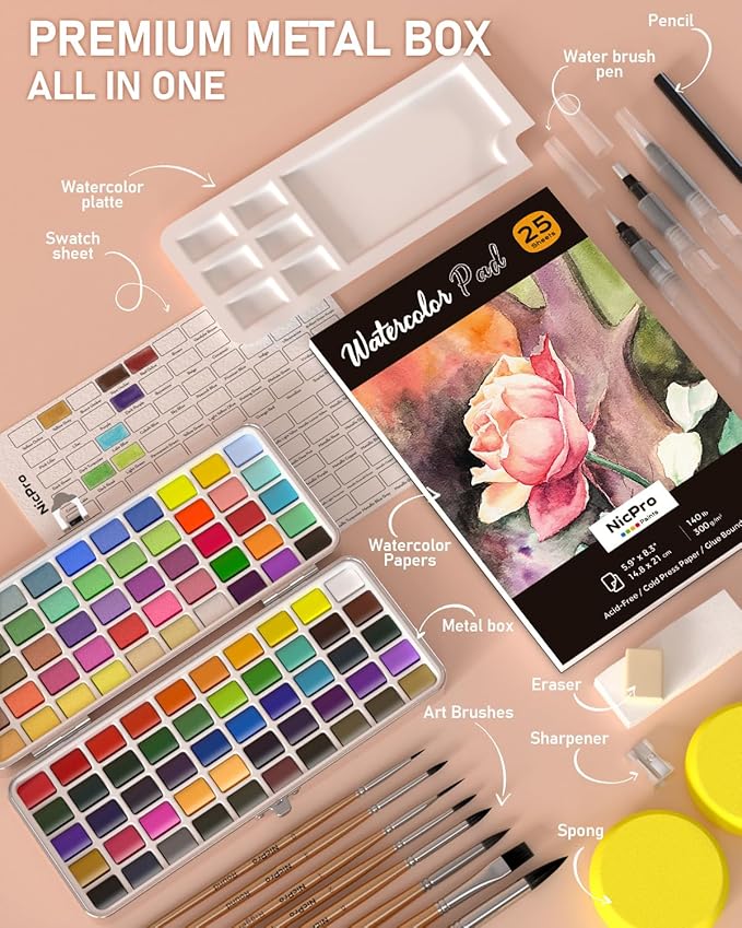Nicpro 100 Colors Watercolor Paint Set, Metallic Macaron & Fluorescent | 8 Synthetic Squirrel Brushes, 25 Watercolor Paper, Palette, Art Supplies Kit for Artist Adult Beginner with Gift Box