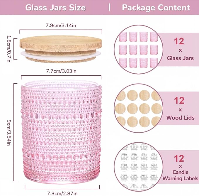 DARJEN 12 Pcs 10 oz Glass Candle Jars with Lids, Candle Container Tins-Pink | Thick Wall Ribbed Glass, Airtight Wood Lids- The go to candle jar for DIY, thoughtful gifters, growing candle brands