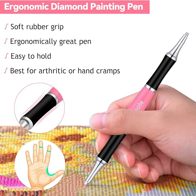 benote Ergonomic Diamond Art Painting Pen, Diamond Art Pen with Dual Rubber Metal Screw In Tip Round And Square Rhinestone Picker Tool for Arts DIY Craft - B10 Pink