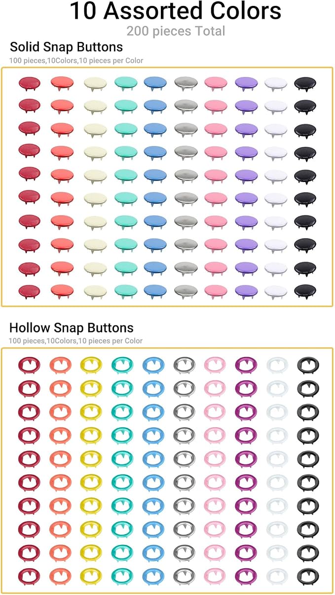 300 Sets Metal Snap Buttons with Fastener Pliers Press Tool Kit, 10 Colors Solid Sewing Snaps for Fabric,Prong Snap Button Kits for DIY Crafting Clothing Sewing (9.5mm / 1200 PCS)