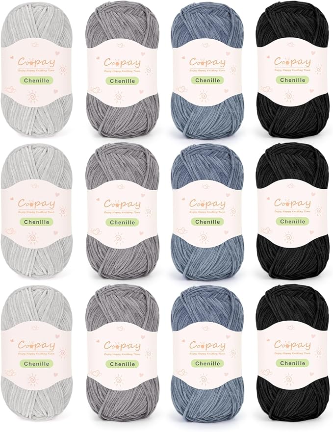 Coopay Skinny Chenille Yarn for Crocheting & Knitting, Black & Grey | Crochet Yarn Set - 600g Total, Velvet Yarn for Colorful Crafts, Blankets, Plush Dolls, Decorative Handmade Works