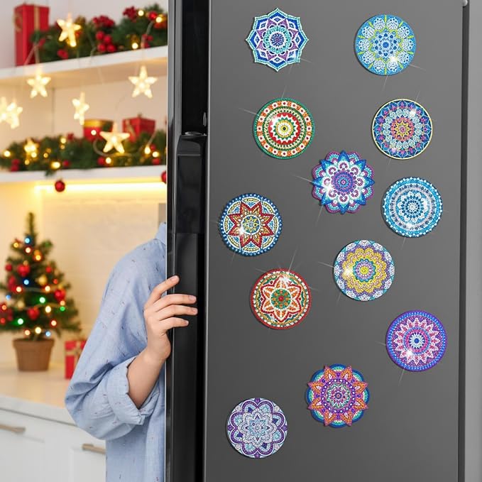 Zonon 12 Pcs Mandala Diamond Art Refrigerator Magnets for Adults | Diamond Painting Kits with Mandala Designs, Magnetic Stickers for Fridge Decor, Easy Kitchen Decorative Magnets for Home