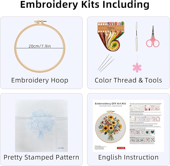Herdiese Embroidery Kit for Beginners & Adults with Flower Pattern | Stamped Cross Stitch Kit Including Fabric, Hoop, Threads, Needles & Instructions, Complete DIY Hand Sewing Craft Set