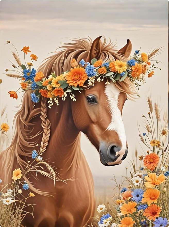 PINFFSHU 5D Diamond Painting Kits for Adults Beginners - Beautiful Horse with Floral Crown，Full Drill DIY Sparkling Gem Art Craft with Tools, Home Wall Decor, Unique Gifts for Women, 12x16 Inch