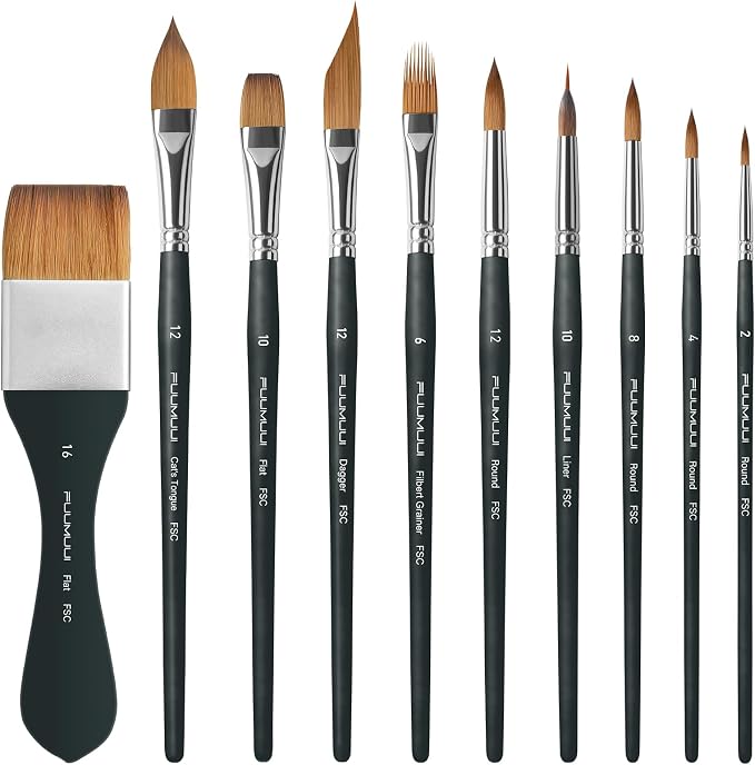 Fuumuui Watercolor Brush Set, 10Pcs Professional Soft Synthetic Hair Paint Brushes - Wide Flat, Dagger, Cat's Tongue, Extended Needle, Round, Grainer for Watercolor Gouache Inks Painting