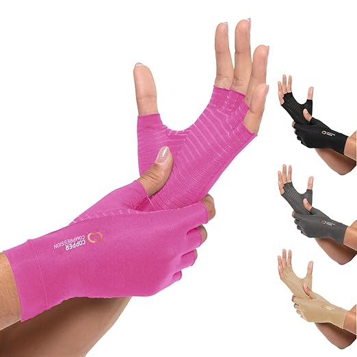 Copper Compression Arthritis Gloves | Fingerless Arthritis Carpal Tunnel Pain Relief for Men & Women | Hand Support Wrist Brace for Neuropathy, Rheumatoid, Tendonitis, Swelling, Crocheting Pink M
