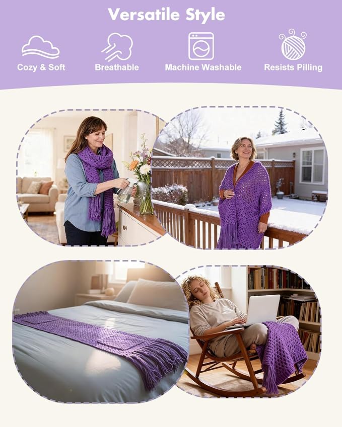 Arborthread Crochet Kit for Beginners, Easy All-Season Pocket Shawl & Scarf Crochet Kit for Adults w/Ample Premium Yarn to Fit Different Sizes, Step-by-Step Video & Instructions, Pureple