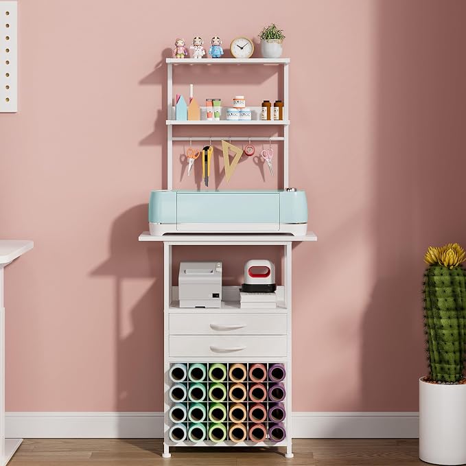 VENNQD Stand Compatible with Cricut Maker and Cricut Explore Air Series Craft Organizers and Storage with 2 Fabric Drawer and Shelves Crafting Table with Vinyl Roll Holder Workstation, White