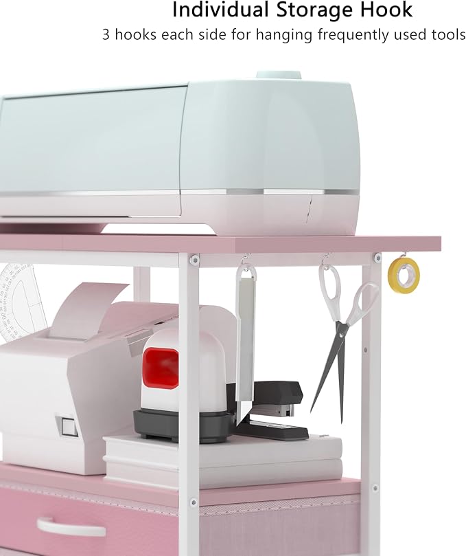 VENNQD Organizer and Storage Stand Compatible with Cricut Machines, Rolling Storage Cart/Shelf with 24 Vinyl Roll Holders, 2 Fabric Drawer, Accessories Holder, Tool Hook for Craft Room Home (Pink)
