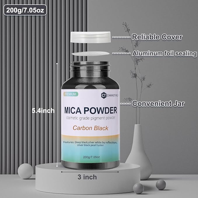Mica Powder,7.05OZ（200g）,Carbon Black Mica Powder Pigment for Epoxy Resin，Lip Gloss，Car Paint，Dye，Soap Making，Nail Polish,Epoxy Resin,Candle Making,Bath Bombs