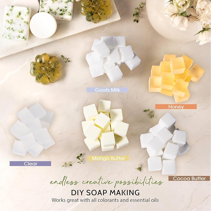 Pifito Pre-Cut Melt and Pour Soap Base Sampler (5 lbs) │ Cut-Up Pieces of Soap Base (1lb ea) │ Goats Milk, Honey, Clear, Cocoa Butter, Mango Butter │ Glycerin Soap Making Supplies Kit