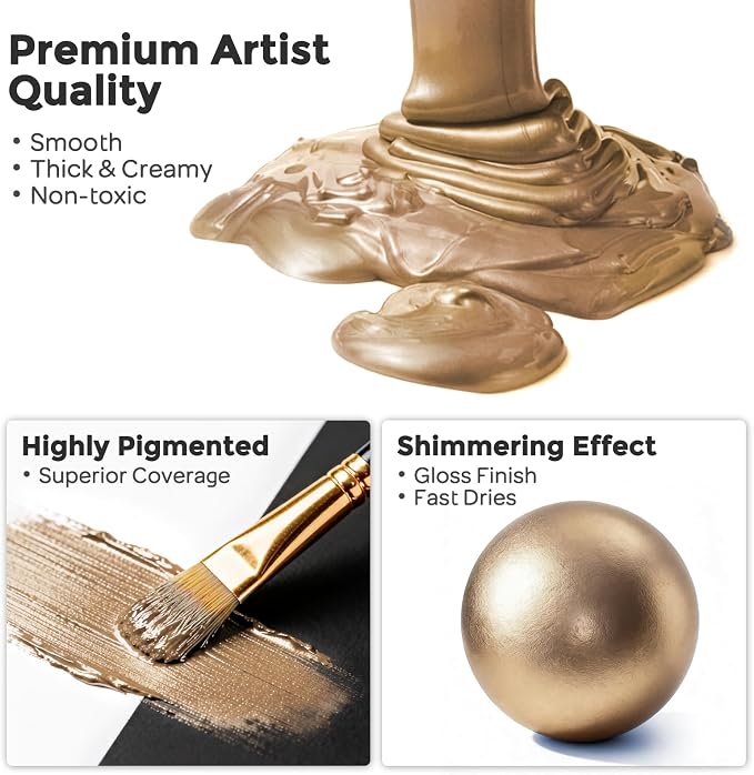 Nicpro Metallic Sahara Gold Acrylic Paint, 33.8oz/1000ml Gold Leaf Paint | Non Toxic Non Fading Craft Paint for Metal, Wood, Craft, Clay, Canvas, Furniture, Art Painting, Handcrafts, Art Supplies