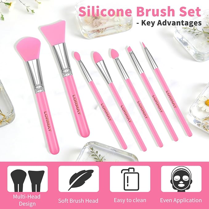 LORMAY 7-Piece Silicone Brush Set for UV Resin Crafts and Makeup, Pink | Easy Clean for DIY Epoxy Art and Makeup, Soft Reusable Tools, Gentle Applicator Suitable for All Skin Types