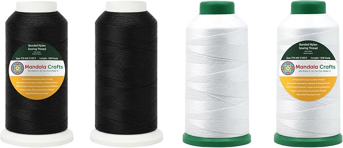 Mandala Crafts Size 69 210D T70 Black White Bonded Nylon Thread, 6000 YDs