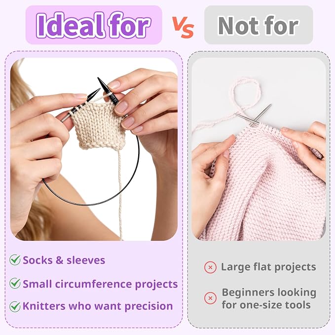 Reessy Short Interchangeable Circular Knitting Needles Set – 2” Aluminum Tips (3.0–6.0mm), 20–40cm Cables – Interchangeable Shortie Needles for Socks, Sleeves & Small Projects