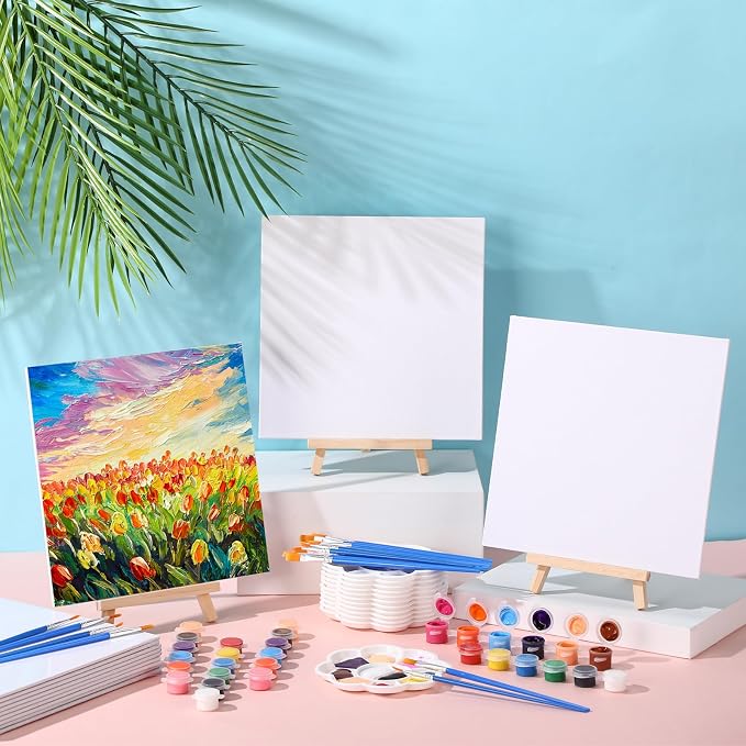 Qilery 12 Set Canvas Painting Kit, Mini Canvas with Wooden Easels Acrylic Paints Strips, Brushes, Palette, Art Set for Acrylic Oil Watercolor Adults Birthday Party Favors(8 x 8 Inch)