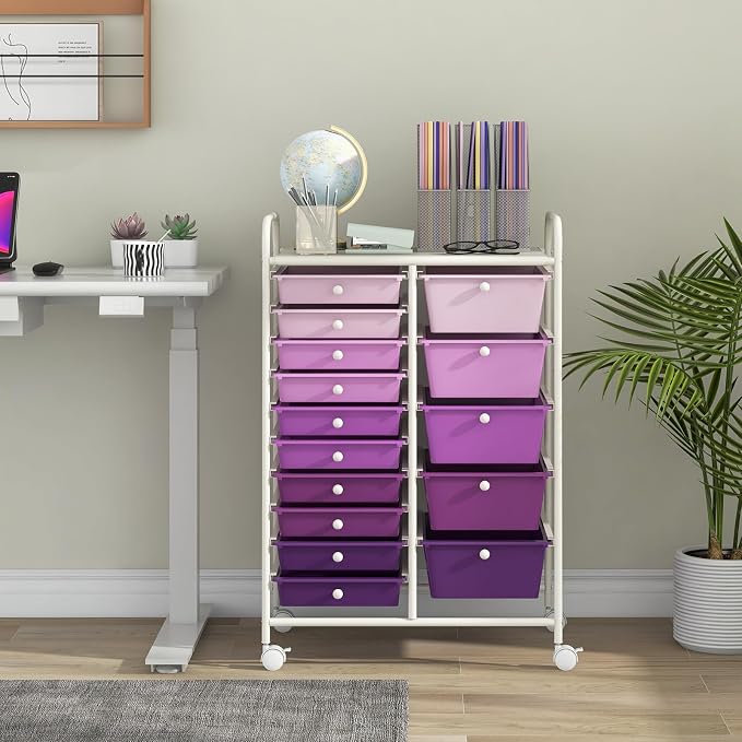 LDAILY 15 Drawer Rolling Storage Cart, Rolling Cart with Drawers for Classroom, Art Supply Craft Organizer on Wheel with Metal Frame & Handles for Home Office School