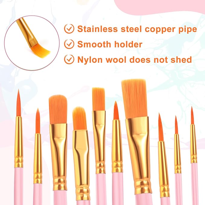 ESRICH 20PCS Pink Paint Brushes, Paint Brush for Acrylic Painting | Artist Paintbrushes for Oil Watercolor, Body Face Rock Canvas, Small Paint Brushes for Kids