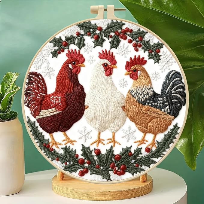 Zhenqing Winter Holly Three Chickens Embroidery Kit for Beginners, 29x29cm Hand Embroidery Set with Hoop, Thread, Printed Fabric(C0152