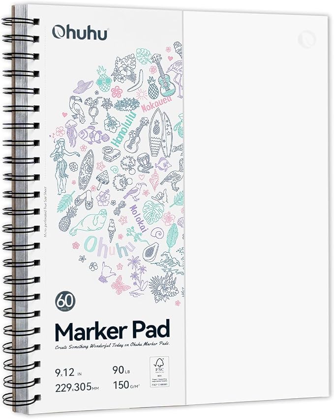 Ohuhu 9"x12" Double-Sided Bleedproof Marker Pad Art Sketchbook 60 Sheets | Large Sketch Book - 90 LB/150 GSM Smooth Drawing Paper - 60 Sheets/120 Pages - Spiral-Bound Sketch Pad for Alcohol Markers