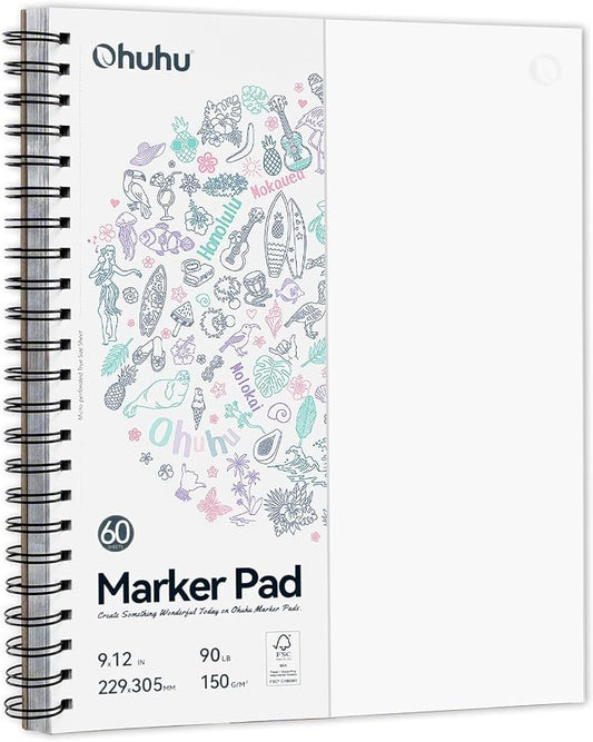 Ohuhu 9"x12" Double-Sided Bleedproof Marker Pad Art Sketchbook 60 Sheets | Large Sketch Book - 90 LB/150 GSM Smooth Drawing Paper - 60 Sheets/120 Pages - Spiral-Bound Sketch Pad for Alcohol Markers