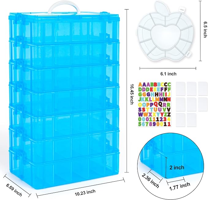 INSCRAFT 7 Layers Stackable Storage Container, 70 Adjustable Compartments (Blue) Stackable Storage Container, Perfect for Kids Toys, Art Crafts, Jewelry, Supplies, Mini Case & Letter Sticker Included