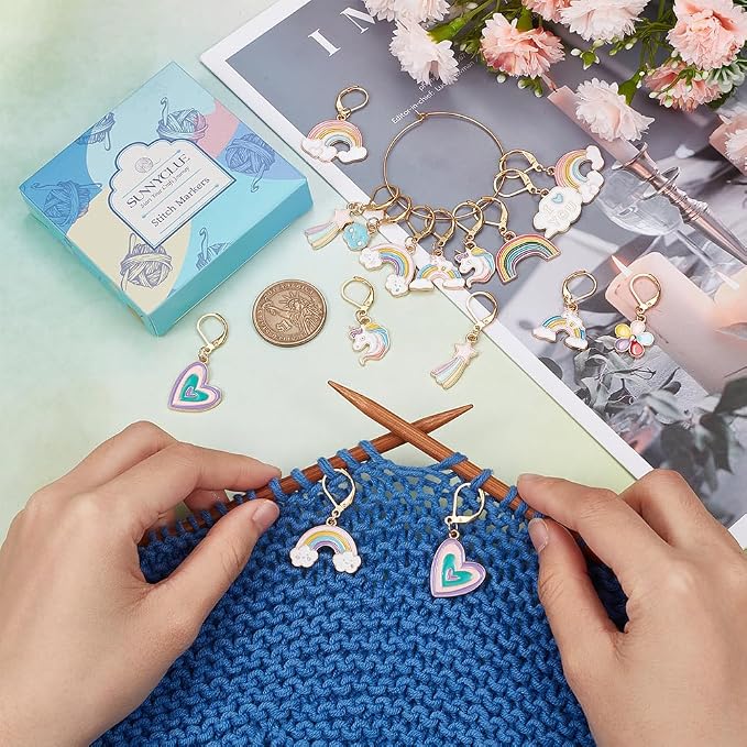 SUNNYCLUE 1 Box 20Pcs Knitting Stitch Markers Crochet Rainbow Colorful Leverback Charms Cute Crochet Markers for Knitting Weaving Sewing Needleworks Women DIY Craft