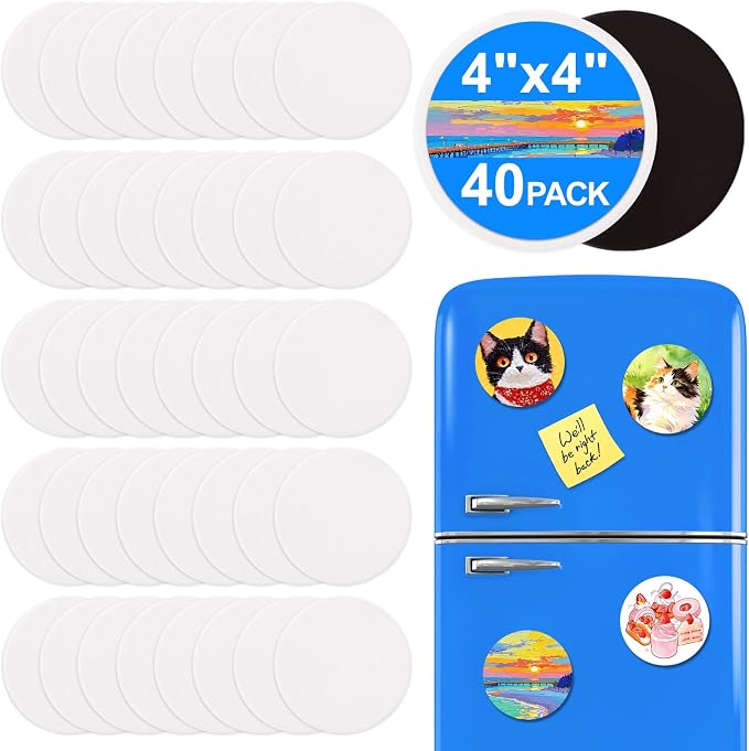 ESRICH 40Pack 4x4IN Round Mini Canvas Magnets, Small Magnetic Paint Canvas | Non-toxic, Ideal for Acrylic, Watercolor, Oil Painting, DIY Magnet Kit, Refrigerator Decor