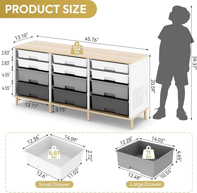 TOOLF 12 Drawers Storage Cabinet with Wooden Top and Plastic Bins, Grey | Toy Shelf Storage Chest Cubby Organizer, for Home, Office, Playroom, Classroom & Craft Room