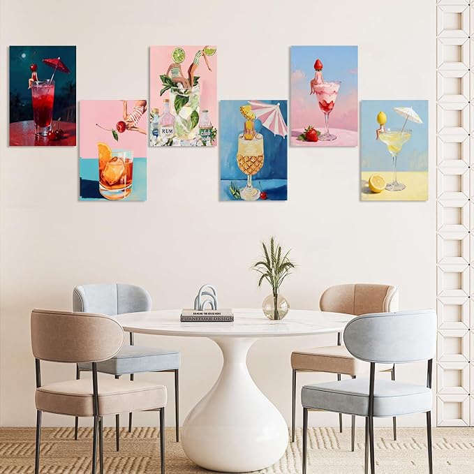 6 Pack Cocktail Framed Paint by Numbers Kits for Adults Beginners, Cocktail Adults Paint by Number Kits on Canvas with Wooden Easel, DIY Acrylic Oil Painting Kits for Home Wall Decor (8x12 inch)