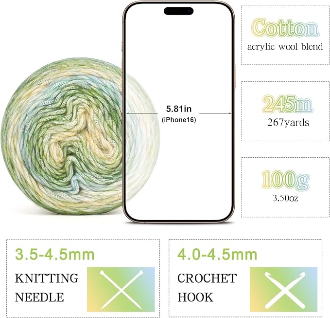 Katech Gradient Cake Yarn for Crocheting-Fairyland Yarn-Soft Ombre Yarn | 4x100g 60% Cotton 30% Acrylic 10% Wool-Multicolor Rainbow Cotton Crochet Yarn for Scarves, Shawls, Blankets, and Garments(F)