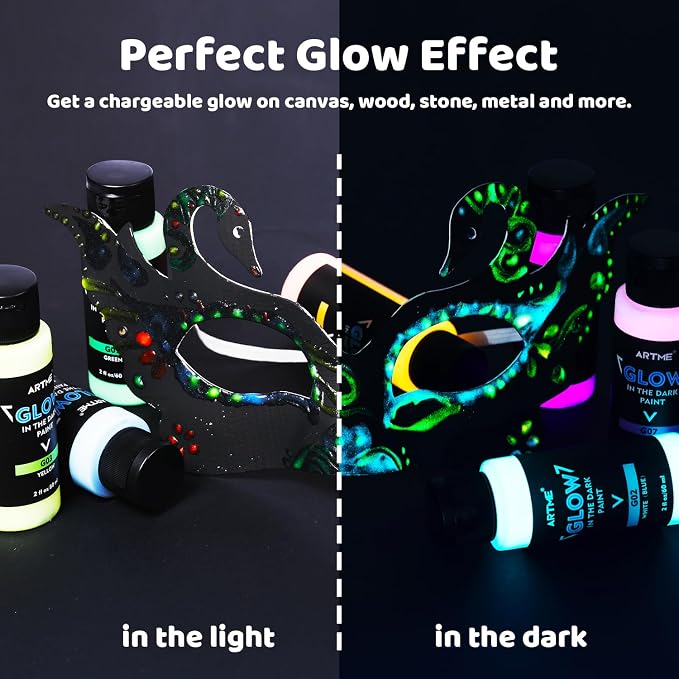 ARTME Glow in The Dark Paint, 10 Bright Colors 60ml/2oz Blacklight Paint Set, Neon Craft Paint, Acrylic Glow Fluorescent Paint Perfect for Art Painting, DIY projects, Halloween and Christmas Decoration