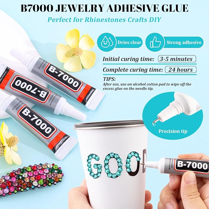 12100Pcs Resin Rhinestones for Crafting with 3Pcs 10ml B7000 Jewelry Glue, 2 Boxes Flatback Crystals Diamond (Aquamarine) for Bedazzling Crafts DIY Nail Art，Non Hotfix Gems for Clothing Shoes