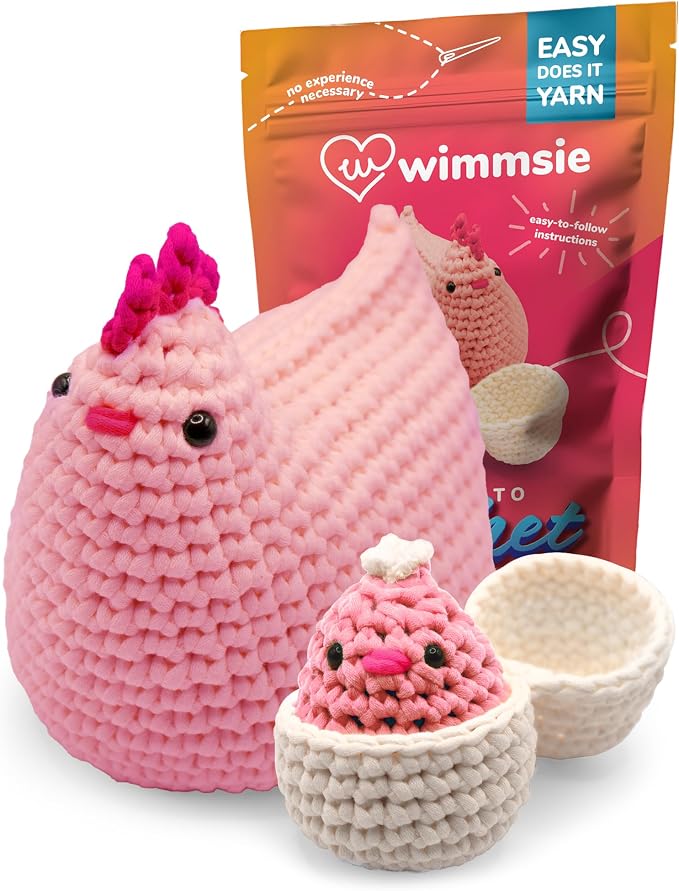 Wimmsie Crochet Animal Kit for Beginners - Easy Beginner Crochet Kit for Kids - Gift for Mom - Amigurumi Chicken Chick & Egg - 3 Kawaii Stuffed Animals - Cute DIY Yarn Plush