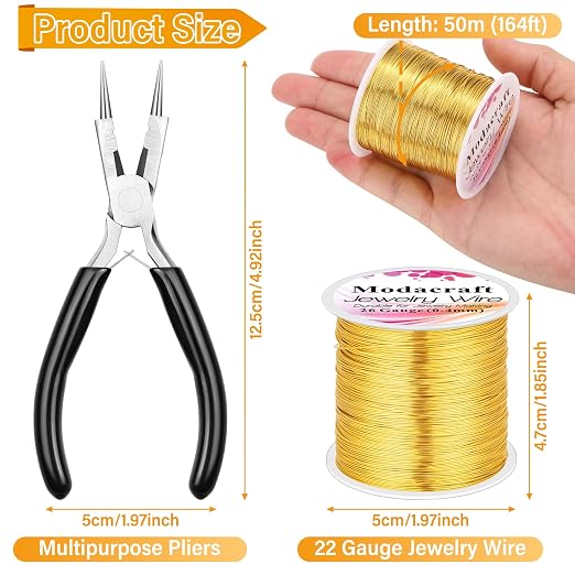 ModaCraft 26 Gauge Ultra-FINE Jewelry Wire Gold (328ft/100m) + 4-in-1 Ergonomic Pliers Set | Tarnish Resistant Copper Craft Wire for Wire Wrapping, Beading & Micro Jewelry Making | DIY Supplies Kit