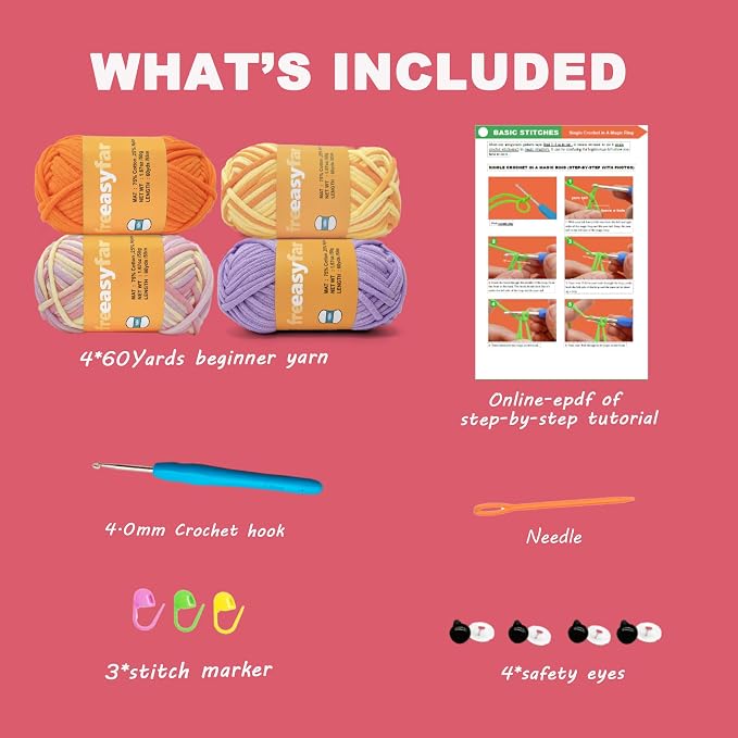 4x50g Beginner Crochet Yarn for Crocheting and Knitting; Beginner Easy Yarn kit with Tool Set (Macaron+Yellow+Orange+Purple, 4 Skein)