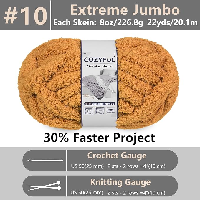 Cozyful Chunky Yarn for Hand Knitting - #10 Chunky Chenille Yarn, Jumbo Big Thick Chunky Yarns for Crocheting, Super Bulky Chunky Knit Blanket Yarns, 8 Skein (22 yds 8 oz Each Skein), Mustard Yellow