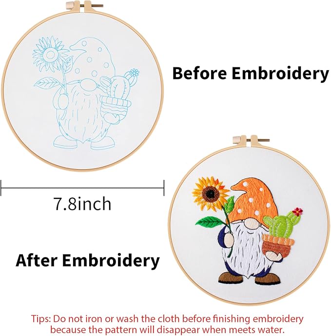 Nuberlic Embroidery Kit for Beginners Adults with Gnome Pattern | Adults Starter Cross Stitch Kit DIY Needlepoint with Hoop, Pre-Printed Fabric, Threads & Step-by-Step Guide