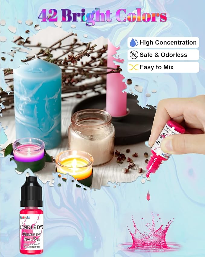 FansArriche Candle Dye - 42 Colors Liquid Oil-Based Dye for Candle Wax | Highly Concentrated, Natural Candle Color for DIY Candle Making