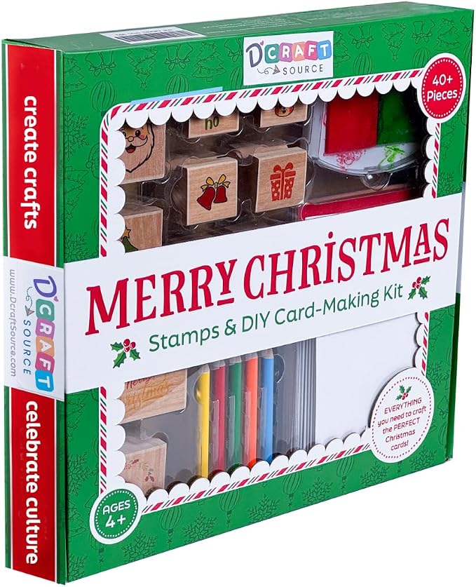 48 Piece Merry Christmas Craft Kit Wooden Stamp Set with Ink Pads Colored Pencils Stickers Cards Envelopes DIY Holiday Card Making Set for Kids Adults Classrooms Festive Family Fun