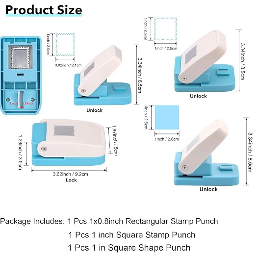 3 Pcs Stamp Punch, 1 Inch Square Punch, 1X0.8 Inch Rectangle Postage Stamp Puncher, Paper Stamps and Punches, Stamps Cutter Hole Puncher, Paper Punches for Crafting, DIY Scrapbooking Card Making