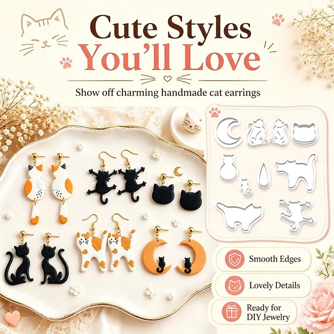 10pcs Cat Polymer Clay Cutters for Earrings, Moon & Cat Molds