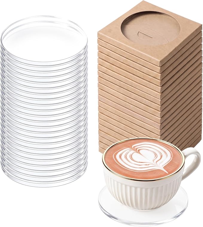 24 Pcs Clear Acrylic Coasters, Round Drink Coasters with Kraft Paper Boxes Reusable Coffee Cup Coaster Coaster Transparent Circle Blanks for DIY Crafts, Table Decorations, Wedding Party Favors